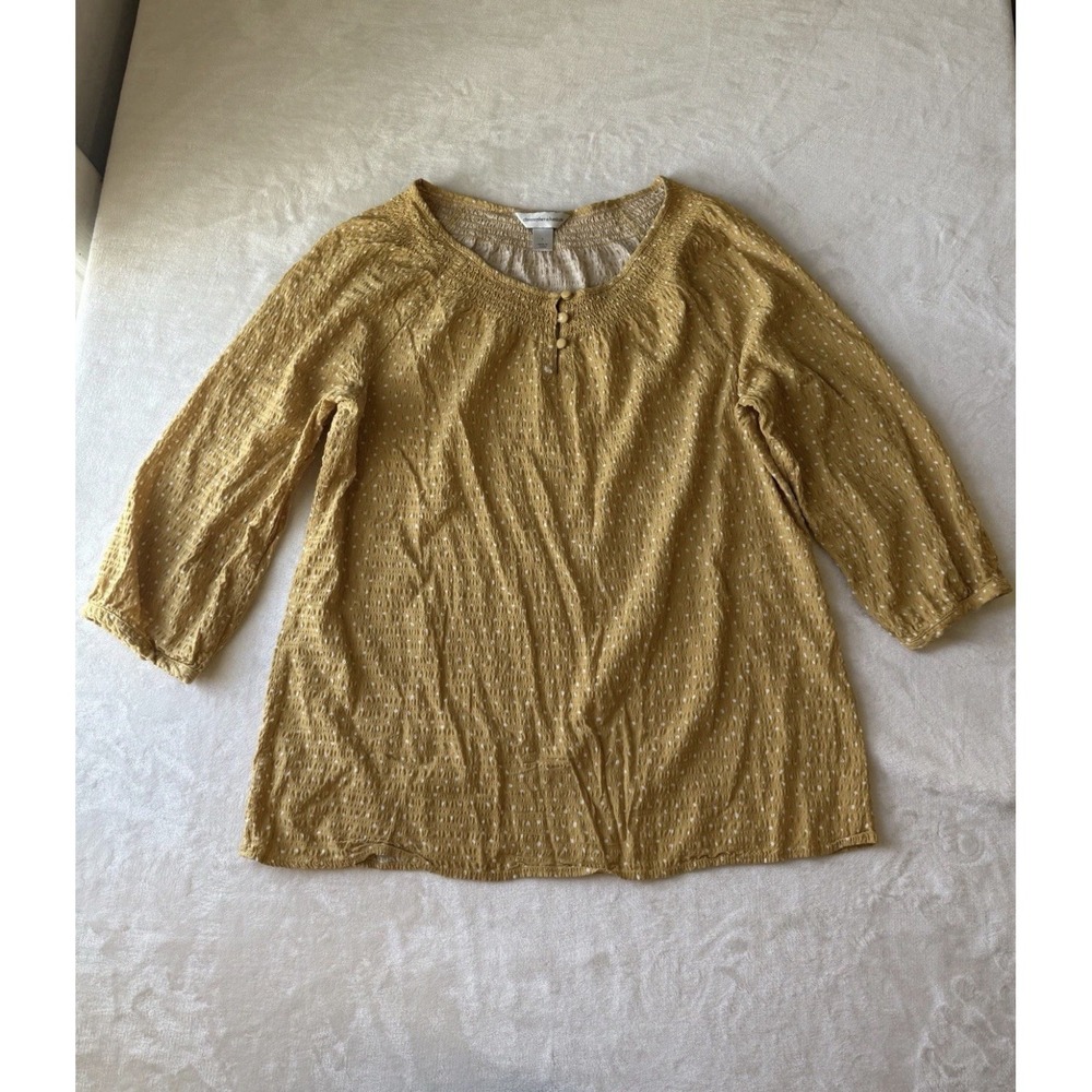 Christopher & Banks Yellow Gold White Polka Dot BOHO Button 3/4 Sleeve Blouse L
